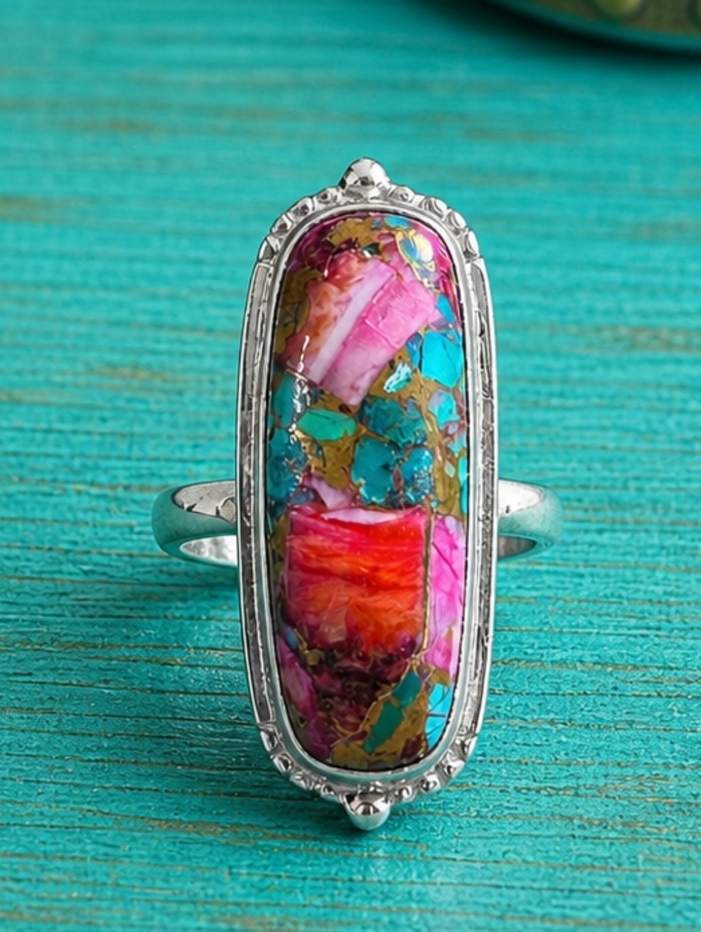Pink Orange Turquoise Ring Size 8